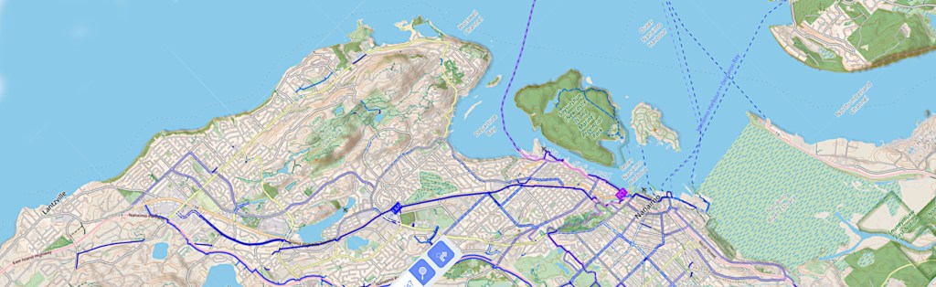 colourful street map of Nanaimo BC, tilted to NE up